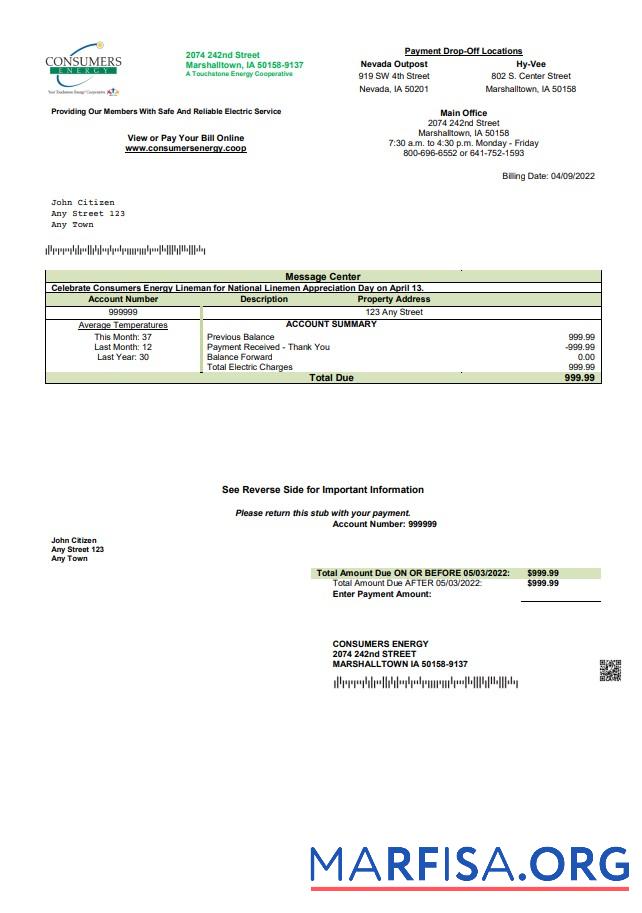 Downloadable USA Consumers Energy utility bill template in Word and PDF format